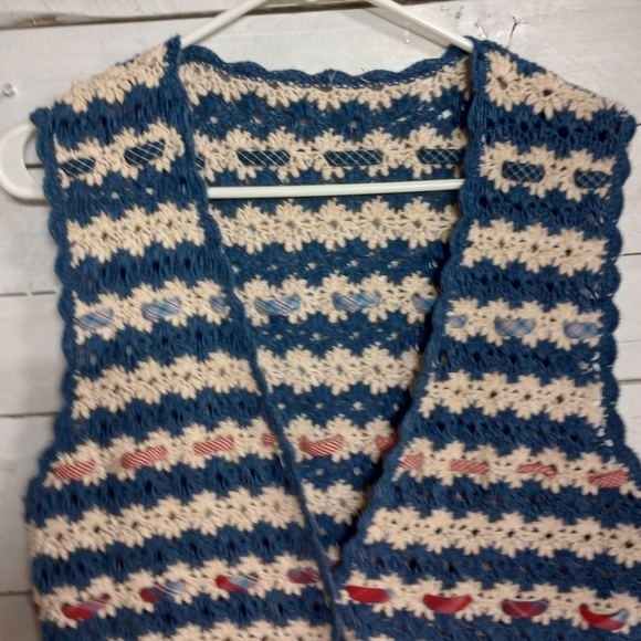 Vintage 1990s Y2K Crochet Vest Blue Cream Stripes Boho Hippie Retro - Picture 8 of 12